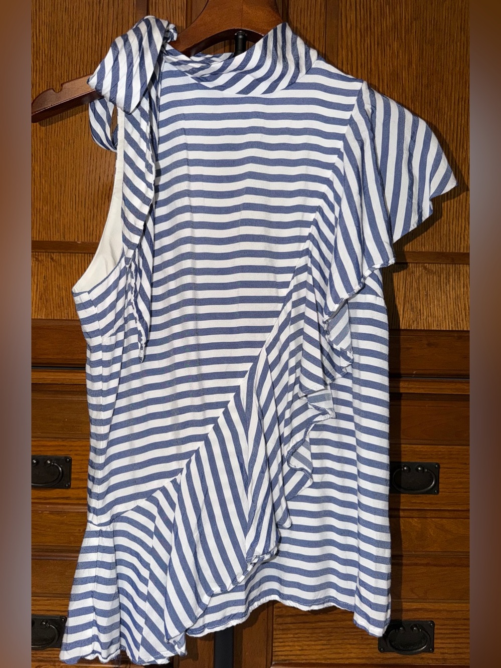 Artelier Nicole Miller Striped Asymmetrical Ruffle Tie Neck Top BF10316 Designer